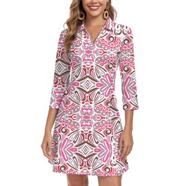 WOWENY 3/4 Sleeve Dress for Women with Pockets V Neck UPF 50+ Casual Sun Dress Breathable Quick Dry Beach Vacation (Pink Pattern, M)