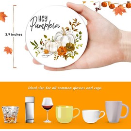 Bribay Coaster for Drinks Set of 6, Autumn Floral Leaves Pumpkin Absorbent Round Ceramic Stone Mat, with Cork Base and Metal Holder, Gift for Housewarming Room Bar Decor