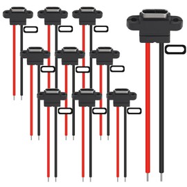 RUNCCI-YUN USB C Female 5V 3A 2-Pin 2-Wire USB C Soldering Panel Socket with PD Function 150 mm 24 AWG Wires, Black Pack of 10