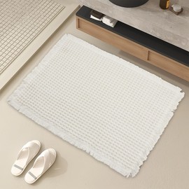 EP Jeans Waffle Bath Mat Rug, 18" x 25" Super Absorbent Non Slip Bath Mats for Bathroom Floor, Ultra Soft Bathmat Machine Washable Bathroom Rugs with Tassels, White
