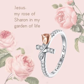 SOLOLIKE Christian Cross Rings for Teen Girls Sterling Silver Faith Ring for Women Rose Flower Purity Rings - Christmas Gifts for Girlfriend Daughter Best Friend