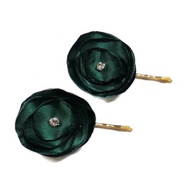 Bridal Hairpiece- Wedding Hair Accessories- Handmade Satin Flowers Set of 2-with Rhinestones or Pearls- Pink- Blue- Black- White- Dark Green (Green)