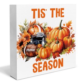 Dolimifa Fall Decor Football pumpkins Wooden Box Sign Tis' the season Decorations Rustic Home Desk Shelf Tabletop Decor 5 x 5 Inches
