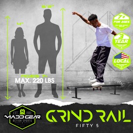 Madd Gear 55" Long Flat Bar Skate Rail – Heavy Duty Durable Round Skateboard Pro Scooter or Inline Skate - Adjustable Height - Smooth Easy Sliding Assembly & Great for Beginners to Advanced Skatepark