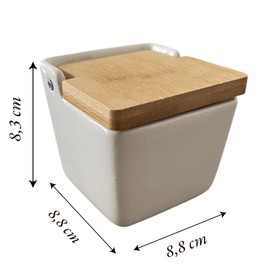 Ceramic Salt Jar with Bamboo Lid Square 8.8 x 8.8 x 8.8 cm for Salt, Spices or Sugar, Modern Design for the Kitchen, Available in Black, White and Red (White)