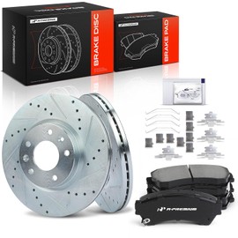 A-Premium 11.77 pulgadas (299 mm) Rotores de freno de disco delanteros perforados y ranurados + Kit de pastillas de cerámica compatible con modelos seleccionados de Ford, Lincoln, Mazda y Mercury