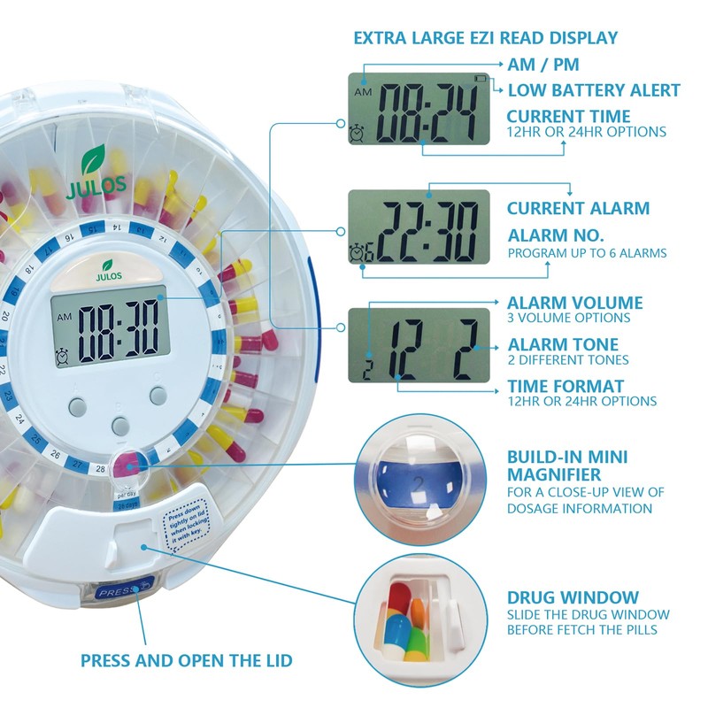 JULOS Bluetooth Automatic Pill Dispenser with Sound/Light/App Alerts for Seniors,