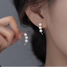 Inateannal Boho Drop Pearl Dangle Earrings Silver Pull Through Earrings Pearl Threader Drop Earrings Wedding Pearl Bridal Earrings Minimalist Pearl Earrings Jewelry for Women