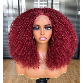 ISAMY Curly Lace Front Wigs for Black Women, 13 x 4 x 1, HD T Part Lace Frontal Wig, Synthetic Hair, Pre-Plucked, Deep Curly Wave Hair, Curly Afro Wig, 17 Inch (Red)