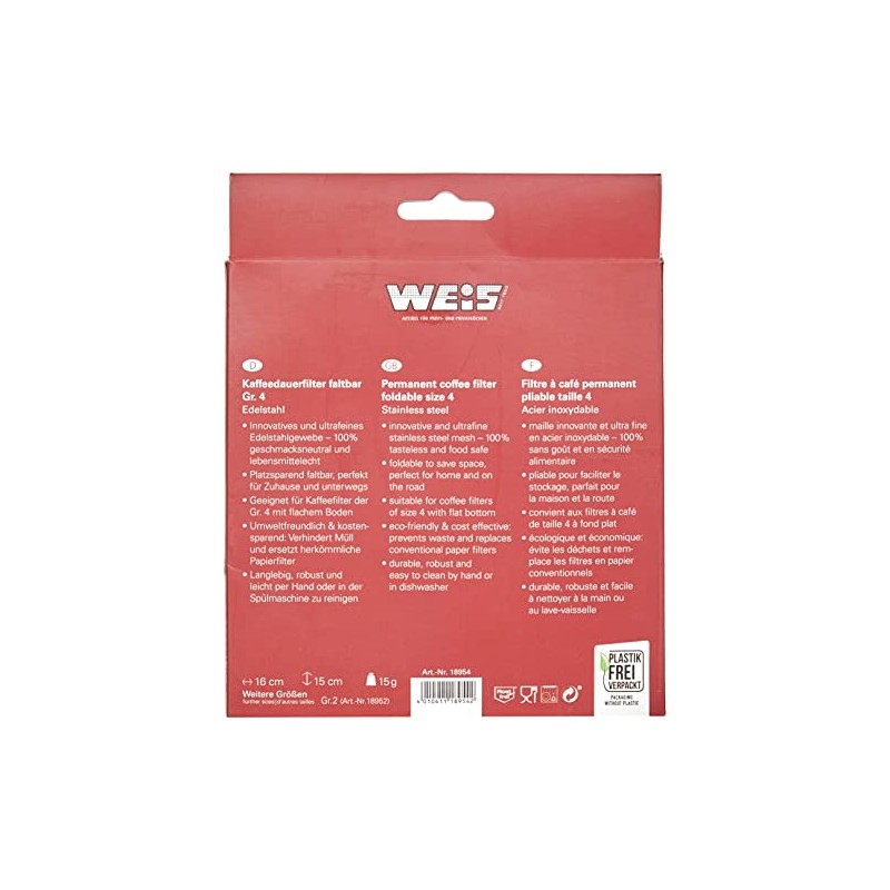 Weis 18954 Coffee Permanent Filter Stainless Steel