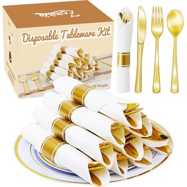 Zcaukya 200 PCS Gold Plastic Cutlery Set with Pre-rolled Napkins, 50 Forks, 50 Knives, 50 Spoons and 50 Napkins for 50 Guests, Disposable Gold Silverware Utensils for Dinner, Parties, Wedding