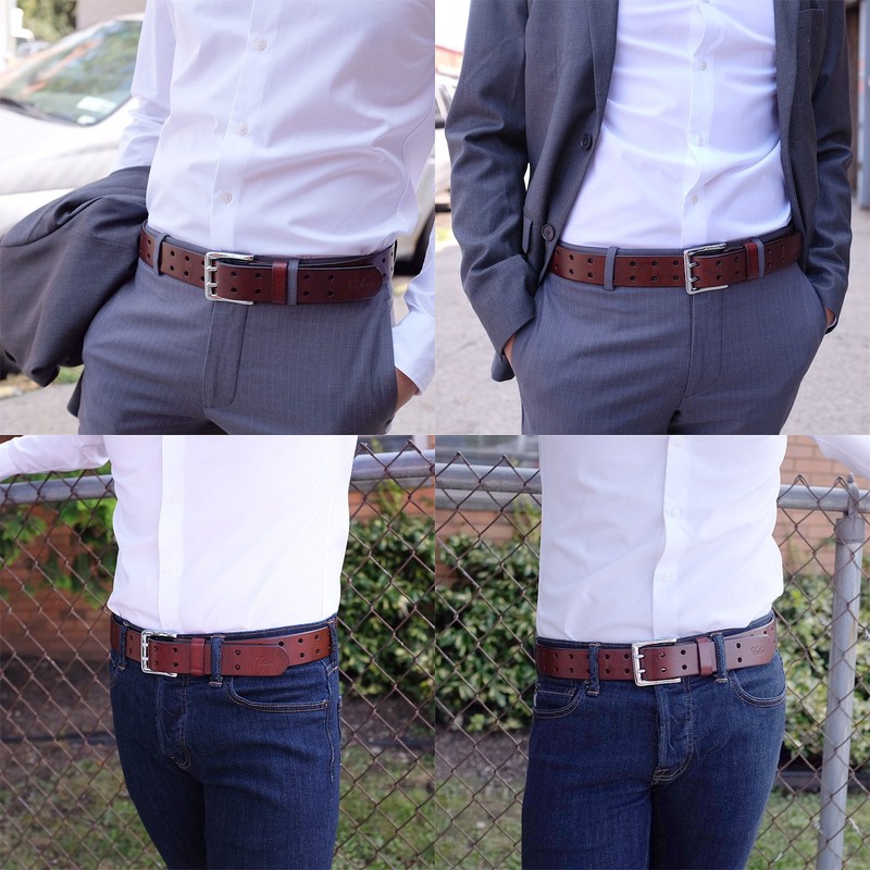 Falari Men's Full Grain Leather Belt Double Prong Belt 9004