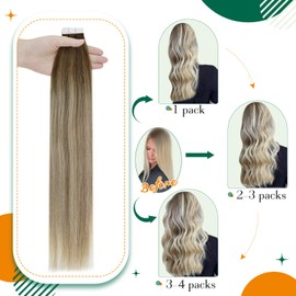 Easyouth Tape-On Real Hair Extensions, Tape-In Real Hair, Colour Dark Brown Mix Medium Brown and Medium Blonde, 12 Inches, 30 g, Seamless Glue-On Extension, Real Hair, #3/8/22