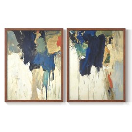 Renditions Gallery Set of 2 Peel & Stick Framed Prints, Abstract Wall Art, Blue & Golden Watercolor Design Wall Decor, Re-Stickable - Ready to Hang - 8"x10" - Walnut Frame LT607