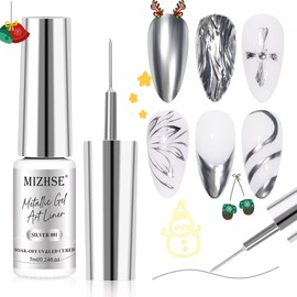 MIZHSE Metallic Silver Gel Liner Nail Art 3D Mirror Gel Paint Spider Drawing Line Polish,Glossy Painting Swirl French Nail Design Thin Brush Soak off Manicure Set for Nail Art