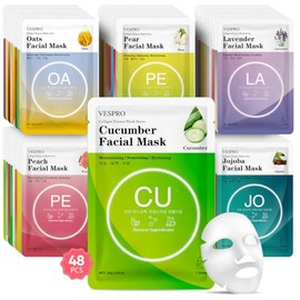 Máscaras Faciales de Hojas de Esencia de Colágeno (Paquete de 48), Máscaras de Hojas en Masa para la Cara, Cuidado de la Piel para Todo Tipo de Piel, 
