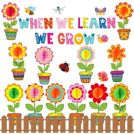 Flowers Honeycomb Balls Bulletin Board Set Decorations Floral Cutouts Spring Wall Decals When We Learn We Grow Flower Butterfly Fence Paper-Cuts for Birthday Party School Nursery Classroom Decor
