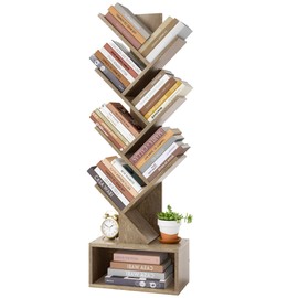 Hoctieon 6 Tier Tree Bookshelf, Tall Bookcase with Drawer, Freestanding Book Shelf, Display Floor Standing Storage Shelf, Book Organizer Shelves for Home Office, Living Room, Bedroom, Greige