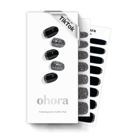 ohora Semi Cured Gel Nail Strips (N Party Night) - Dark, Glitter, Works with Any UV/LED Lamps, Salon-Quality, Long Lasting, Easy to Apply & Remove - Includes 2 Prep Pads, Nail File & Wooden Stick