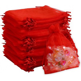 100 Pzs Bolsas de Organza Transparentes con Cordón, 7 x 9 cm Bolsas de Malla para Regalos de Boda, Joyería, Caramelos, Navidad, Cumpleaños y Souvenirs (Rojo)