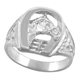 Sterling Silver Horseshoe Ring for Men Horse Head Diamond Cut Finish 5/8 inch Wide Size 11