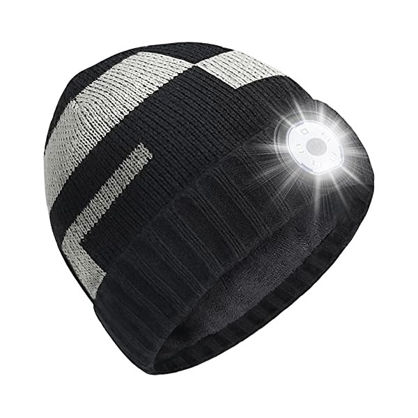 Beanie Hat with Light Stocking Stuffers - Mens Gifts for Men Women Dad Rechargeable Headlamp Cap Winter Lighted Flashlight Hat Knit LED Beanie Running Hunting Camping Gadgets Ideas Black