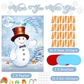Pin The Nose On The Snowman Christmas Party Games, Christmas Party Decorations Include Large Poster with Blindfold 36PCS Nose Stickers for Kids Xmas Activities Holiday Party Supplies