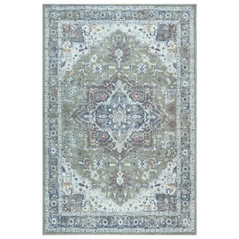 Bloom Rugs Washable Non-Slip 4' x 6' Rug - Green/Blue Traditional Medallion Area Rug for Living Room, Bedroom, Dining Room, and Kitchen - Exact Size: 4' x 6'
