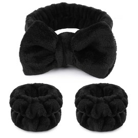WSYUB Diademas de Maquillaje, 1 pieza Diadema Negra de Spa con Lazo Esponjoso de Microfibra para la Cara, y 2 Piezas de Bandas de Spa para Muñeca Muñequeras Absorbentes, para Lavar la Cara y Cuidado