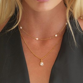 Pearl Necklace: 14K Gold-Plated Pearl Necklace for Women 16.5” + 2”