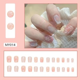 24 Pcs Meium Ballet Press on Nails Glitter Firework French Full Cover Fake Nails with Cat Eye Design Stick on Nails Acrylic Nails Reusable Press Nails with Glue for Women Girl(MY014)