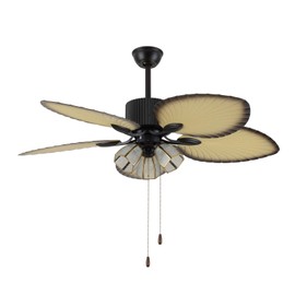 Eapmic Tropical Ceiling Fan Outdoor Downrod Ceiling Fan with Sunset Bowl Light, Five Hand Carved Wooden Leaf Blades for Dining Bed Room Patio Porch (52Inch, 3 Light, Style 2)