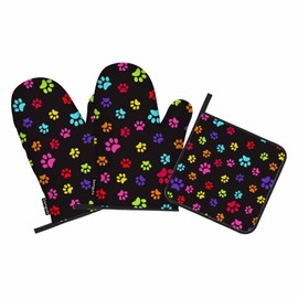 Samgula Paws Prints Oven Mitts and Pot Holders Sets Colorful Animal Feet Adorable Heat Resistant 3pcs for Cooking Baking BBQ