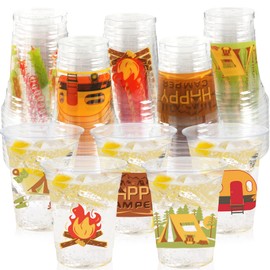 CUPLOOV 50 Pcs Happy Camping Cups, 12Oz Bulk Disposable Drinking Camping Theme Plastic Cups for Coffee Tea Beverage Backyard Birthday Shower Wedding Party Decorations Favors