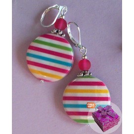 Candy Stripes Pearl Berry Crystal Earring Sp Leverback Artisan Earrings for Women Set + Gift Box for Free