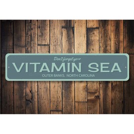 Don't Forget Your Vitamin Sea Outer Banks North Carolina Themed Aluminum Metal Sign for Coastal Wall Decor Beach House Hanging Plaque with Pre-Drilled Holes 3x13 Inch
