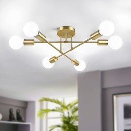 Modern Sputnik Chandelier 6-Light Gold Semi Flush Mount Ceiling Light Fixture with E26 Base Industrial Mid Century Sputnik for Bedroom Dining Room Kitchen Hallway Foyer Living Room