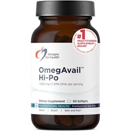 Designs for Health OmegAvail Hi-Po - TG (triglicéridos) Omega-3 Suplemento de aceite de pescado, 1600 mg EPA/DHA por porción con limón + vitamina E para minimizar el sabor a pescado (60 cápsulas blandas)