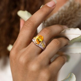 AGRULE Created Citrine Ring 925 Sterling Silver Big 11.85 Carat Big Gemstone Signet Ring Cocktail Party Ring November Birthstone Ring for Me Women with Thick Band, Size 8