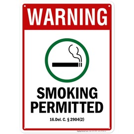 Warning Smoking Permitted Delaware Sign, 10x14 Inches, 55 mil thick HDPS (high density polystyrene), Made in USA by My Sign Center