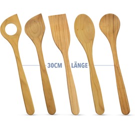 SOHFA 5-Piece Kitchen Utensils Made of Cherry Wood | Made in Europe Sustainable Cooking Utensils | Wooden Kitchen Utensils: 1x Spatula with Hole and 4x Different Wooden Cooking Spoons