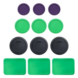 Pyrex (3) 7202-PC Plum Purple Lids, (3) 7200-PC Bright Green Lids, (3) 7201-PC Black Lid, (3) 7210-PC Bright Green Lids