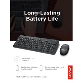 Lenovo 300 Wireless Combo Keyboard and Mouse, 2.4 GHz Nano USB-A Receiver, Batteries Included