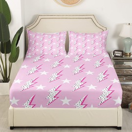 Lightning Flash Print Kids Fitted Sheet Full Size,Boys Girls Adults Bedroom Decor,Abstract Stars Polka Dots Bed Cover,Stylish Chic Bedding Set,Pink Romantic Bed Sheet,2 Pillowcases