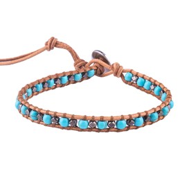 Kelitch Turquoise Beads Wrap Bracelet Natural Leather Adjustable Bracelets Crystal Beads Link Bracelets, Silver Plated