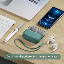 Tandoler Tandoler Compatible with Airpods Pro 2 Case, Soft Silicone Skin Cover Protective Cases with Cleaner kit and Lanyard Compatible for AirPod Pro 2nd Generation, Front LED Visible-Pine Green