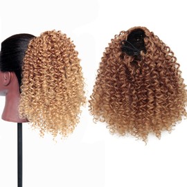 Kinky Curly Drawstring Ponytail Hair Extensions 12 Inch, Thick Fluffy Synthetic Ponytail for Black Women, No Glue Quick Install, Natural Looking Hairpiece for Daily Use #30/27