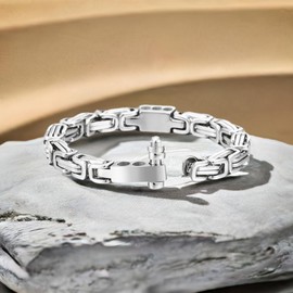 COOLSTEELANDBEYOND Byzantine Link Chain Bangle Bracelet for Men, Anchor Shackle Marine Screw Clasp, Steel Mechanic