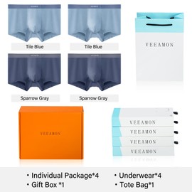 VEEAMON - Ropa interior de seda de hielo para hombre, paquete de 4 calzoncillos tipo calzones de algodón modal, cómodos y suaves, con caja de regalo, Azulejo Azul/Gris Gorrión (Algodón), X-Large
