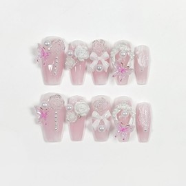 TENPAL Summer Pink Nails,Handmade Press on Nails Medium Coffin,Butterfly Rose Designs Soft Gel Fake Nails with Tools,Reusable False Nails with Camellia Peals,Florals Nails for Women Girls, Small Size